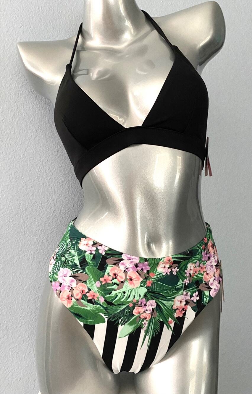 Victoria's Secret Swim Set Black Halter Top & Stripe High Waist Bikini Bottom